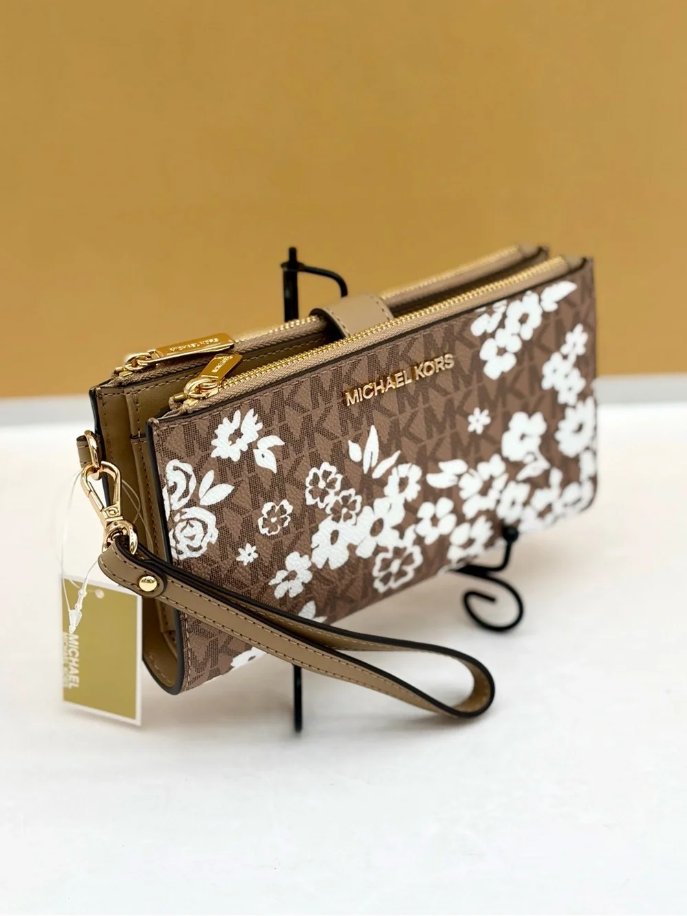 Michael Kors Brown & White Floral Logo Wristlet